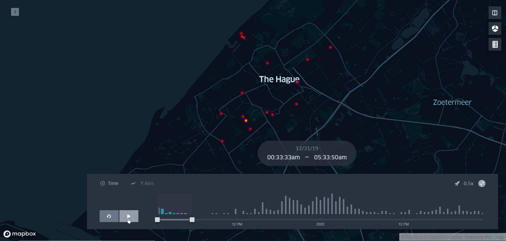 Visualisation of firefighter calls in The Hague leading up to and directly after the new year&rsquo;s eve.