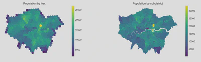 Comparison of population distribution with a hexgrid vs sub-district boundaries.